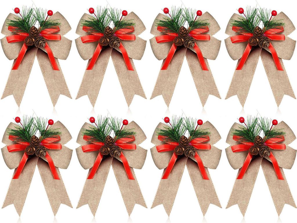 Weihnachtsschleifen mit Tannenzapfen, Tannennadeln und kariertem Schleifenband – Christbaumkranz-Dekoration zum Verpacken von Geschenken