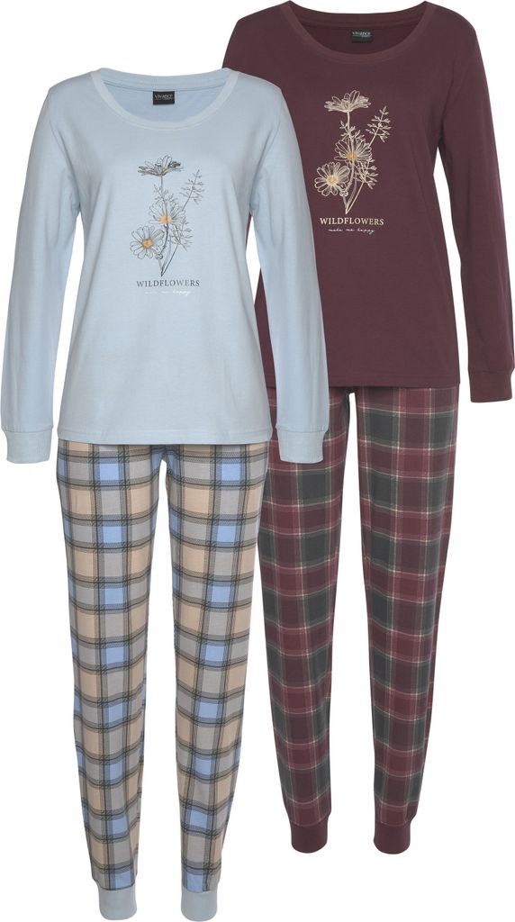 Vivance Dreams Pyjama 4 -teilig bordeaux-kariert, kariert-hellblau Größe 40/42