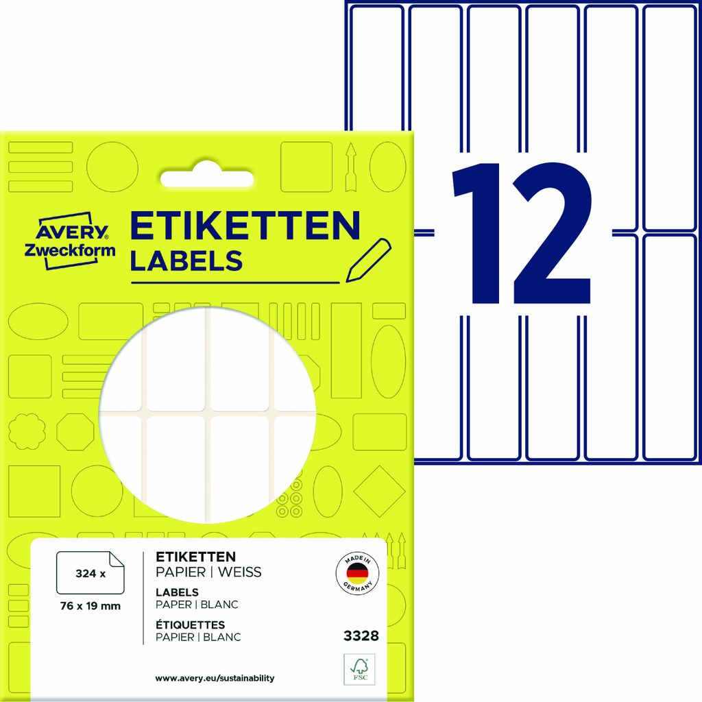 Avery Zweckform 3328, Vielzweck-Etiketten, 76 x 19 mm, 324 Etiketten / 27 Bögen, Weiß