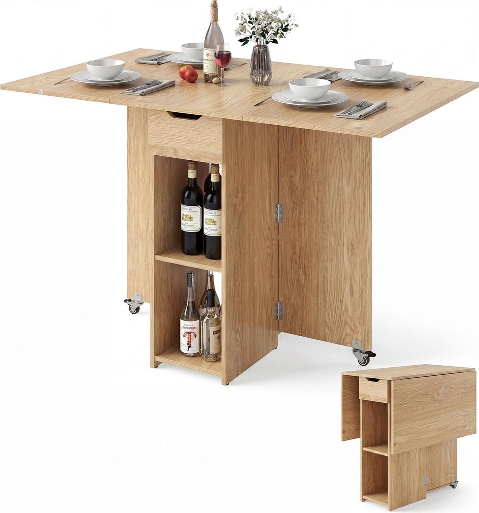 COSTWAY Esstisch klappbar, Küchentisch mit Rollen, Schublade und und 2 Ablagefläche, Klapptisch für 2-4 Personen, Esszimmertisch 120x72x75 cm Natur