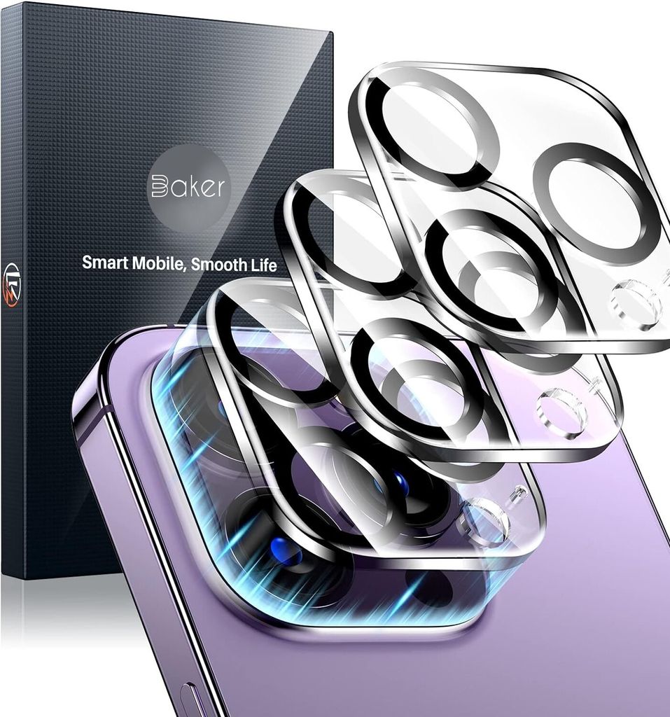 A product shot of camera lens protectors for an iPhone, with packaging in the background.