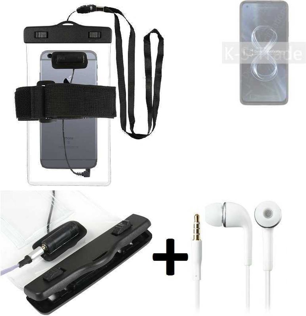 K-S-Trade Wasserdichte Hülle + Kopfhörer kompatibel mit Asus 8z transparent Jogging Armband Wasserfeste Handy Hülle beach bag outdoor Beutel