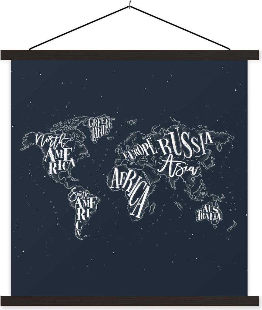 MuchoWow Textilposter Weltkarte - Schwarz - Weiß - Sternenhimmel 90x90 cm mit schwarzem Rahmen - Magnetisches