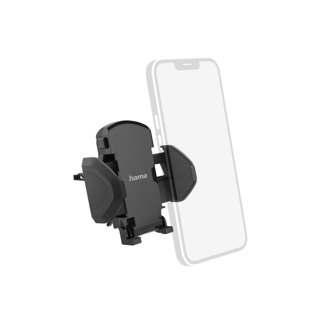 A black car phone holder is shown attached to a smartphone, with the smartphone outlined in a lighter color.