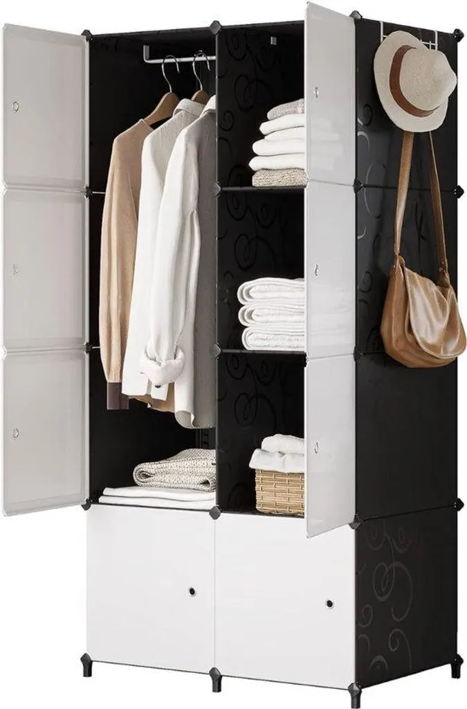 Armoire de chambre double capacité rangement noir et blanc stable 120cm