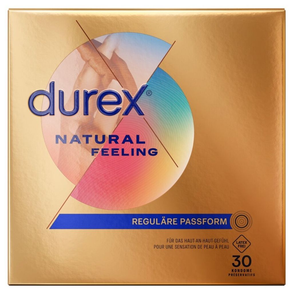 A box of Durex Natural Feeling condoms.