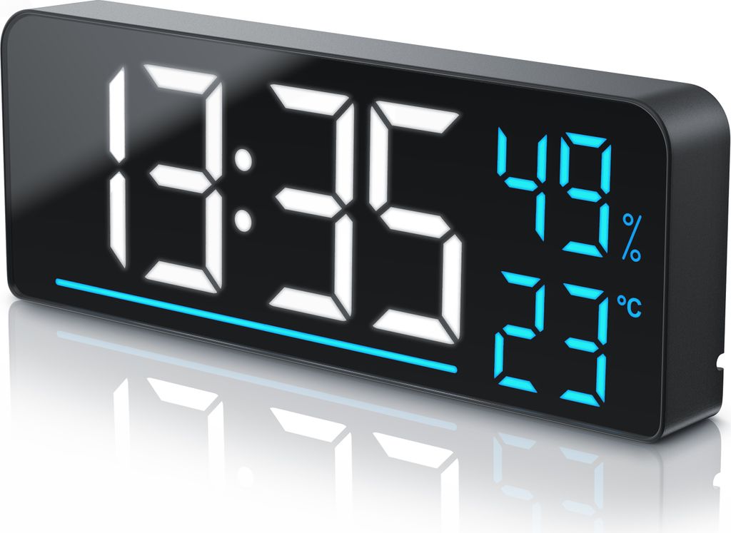 BEARWARE LED Wecker, Alarmwecker, Spiegelwecker, Timer & Sensor, großes Display, 2 Alarmzeiten, Snooze, Temperatur & Luftfeuchtigkeit, USB-Betrieb