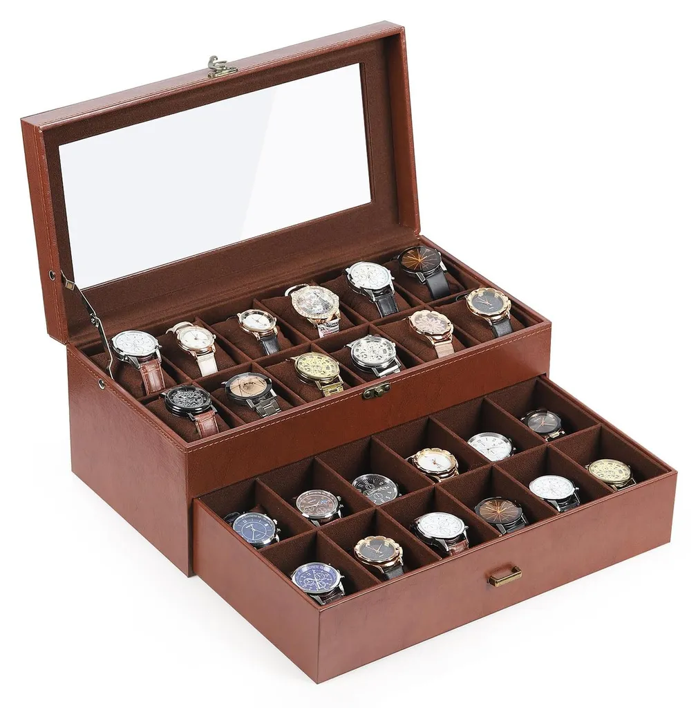 Coffret à montres 24 slots en cuir marron MKAW033 avec serrure