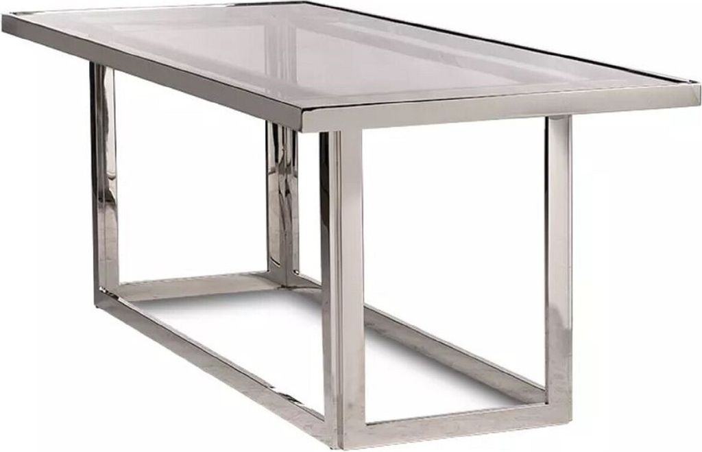 Casa Padrino Luxus Esstisch Silber 220 x 90 x H. 77 cm - Rechteckiger Metall Esszimmertisch mit Glasplatte - Esszimmer Möbel - Luxus Möbel