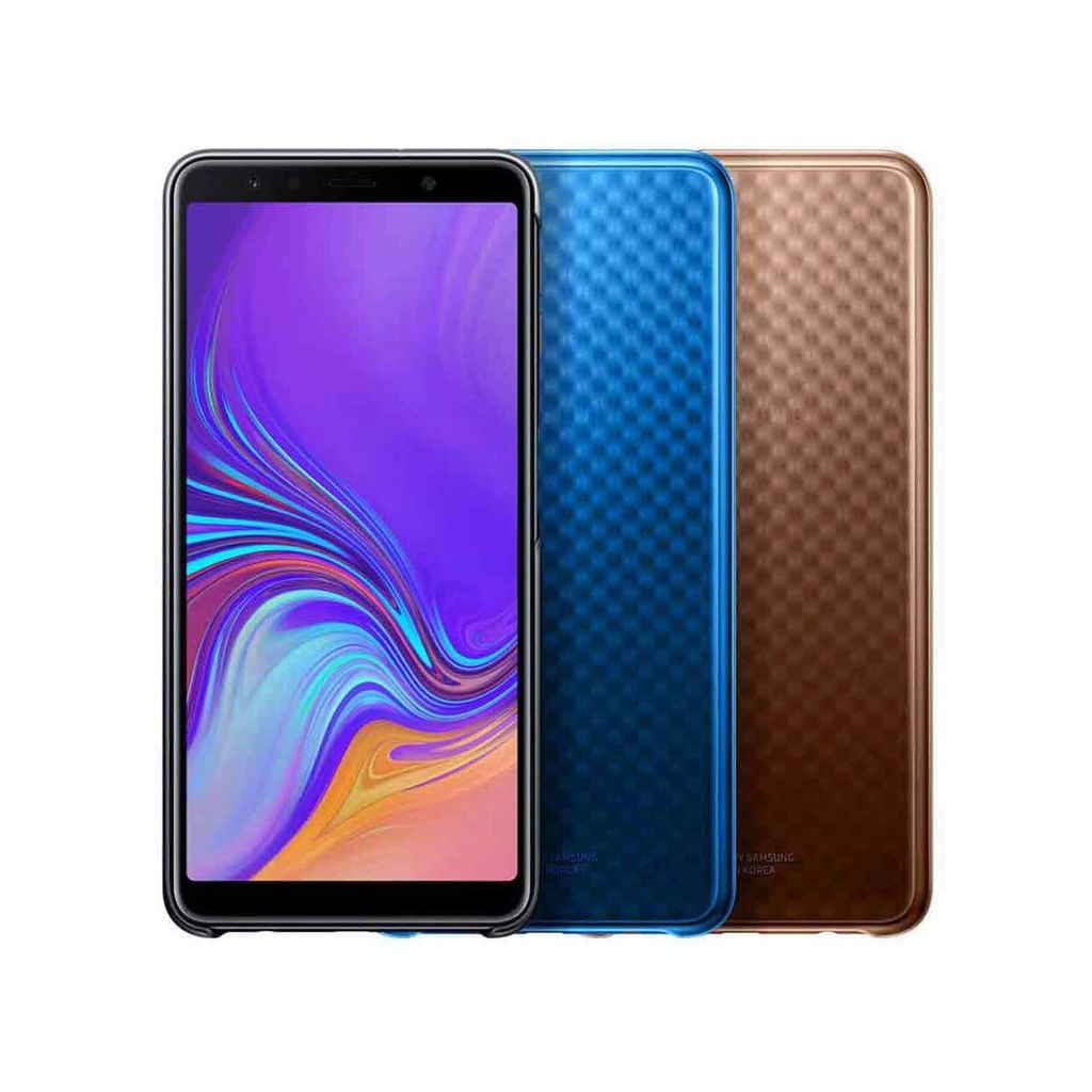 Three smartphones are displayed side-by-side against a white background. The phone on the left has its screen on, displaying a colorful wallpaper. The other two phones are shown from the back, with textured finishes.
