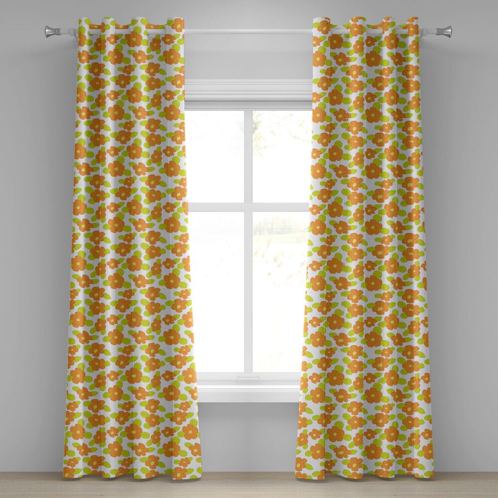 ABAKUHAUS Orange Ösenvorhang, Kinder Thema Cute Girlish Muster mit Doodle Blumen und grünen Blättern, Dekorative 2-Panel-Fenstervorhänge, 280 c...