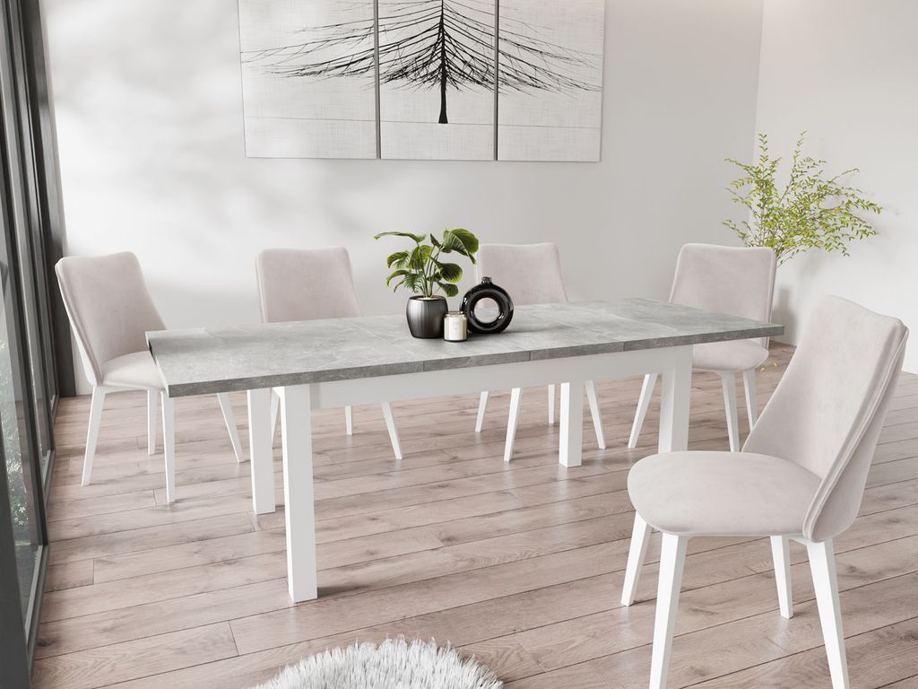Moderner Rechteckiger Ausziehbarer Esstisch - Platzsparend - Weiße Holzbeine - 160 bis 240 cm - Hergestellt in EU - 160 x 90 cm - Grau Beton