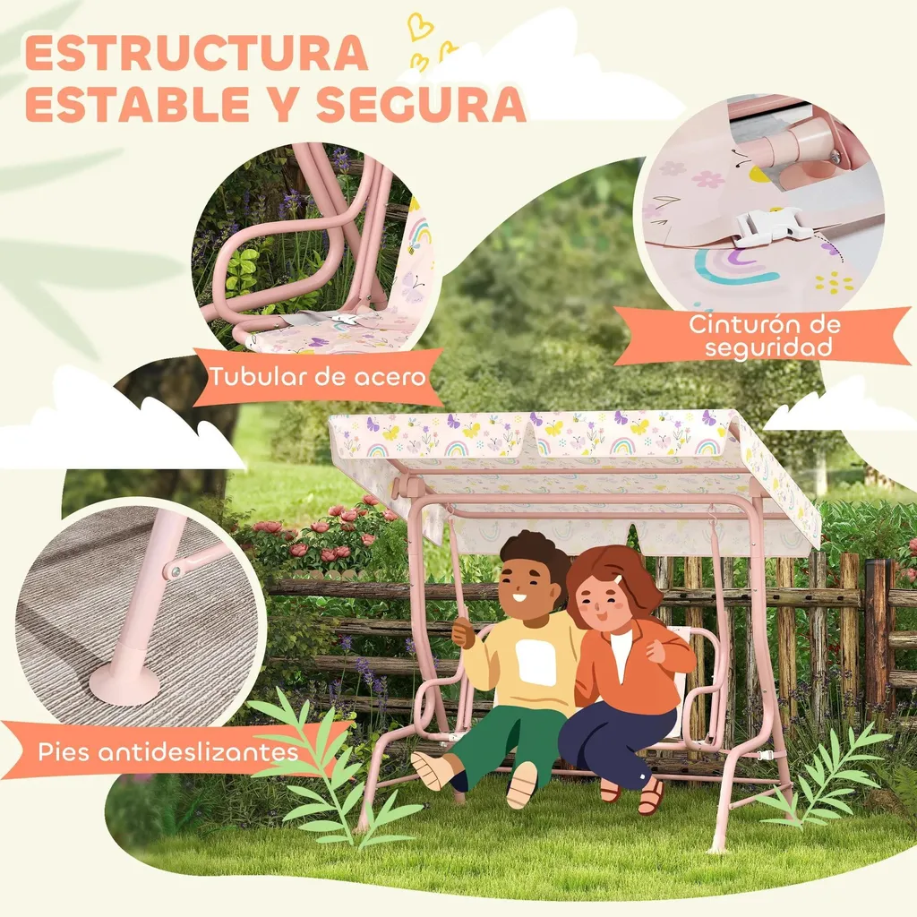 Balançoire extérieure rose 2 places avec protection solaire ajustable