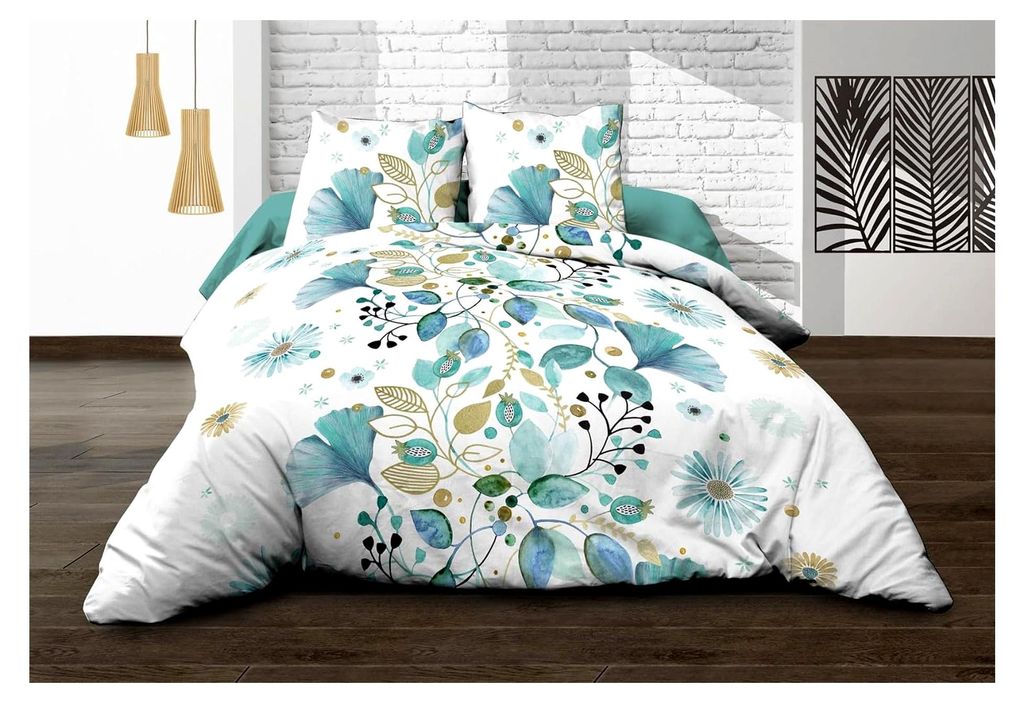 Bettbezug 220 x 240 cm und 2 Kopfkissenbezüge, 100 % Baumwolle, 57 Fäden, Blau