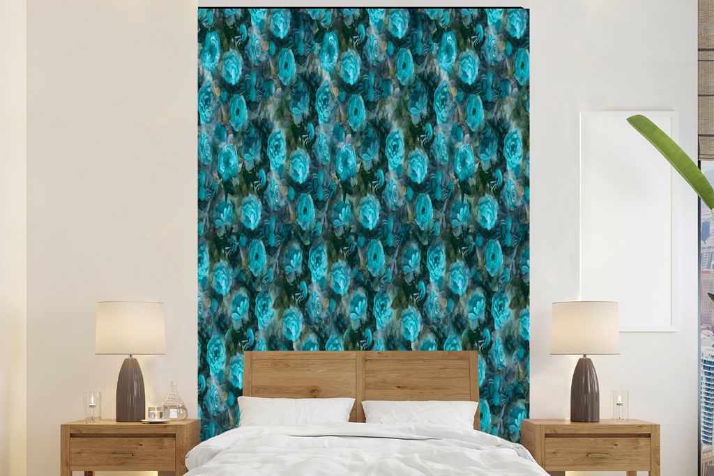MuchoWow Fototapete für Wohnzimmer oder Schlafzimmer Wandtapete Vinyl Motivtapete Blumen - Blau - Rosen - 180x280 cm - Wallpaper