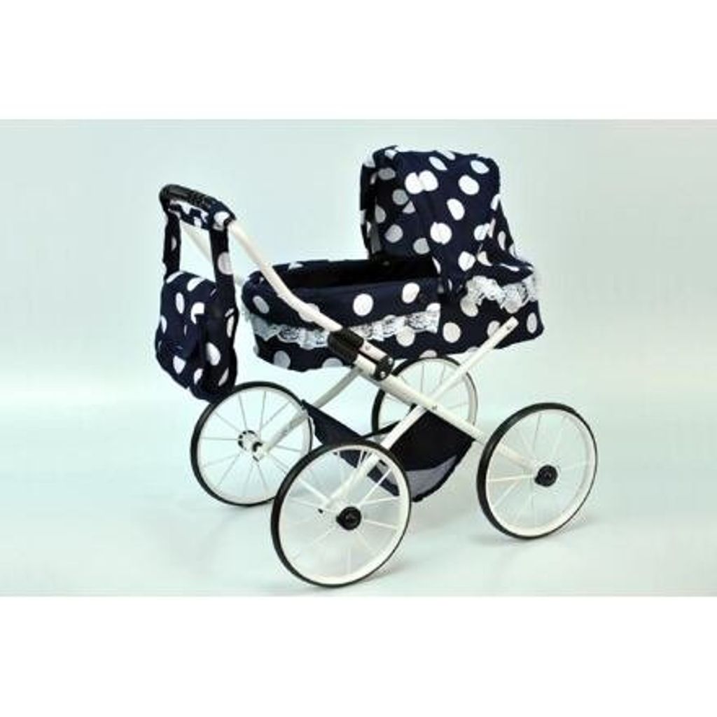 Teddies - Kinderwagen für Puppen klein Ewa RETRO Griffhöhe 55cm verstellbar schwarz mit Tupfen mit Spitze