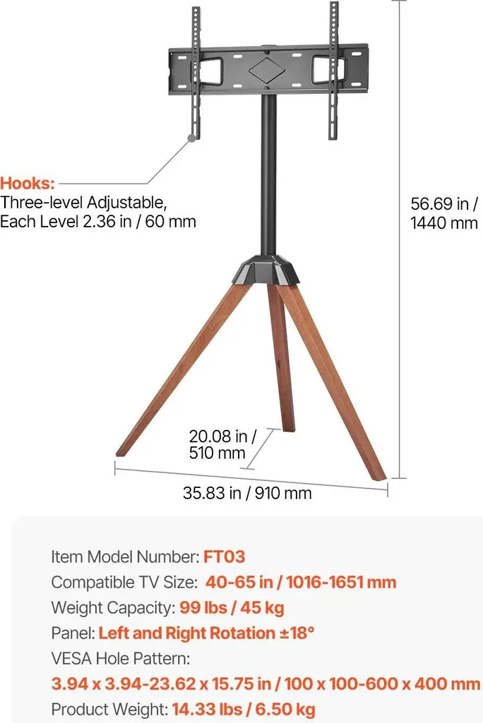 Support TV mobile réglable en hauteur avec trépied stable - Modèle V5