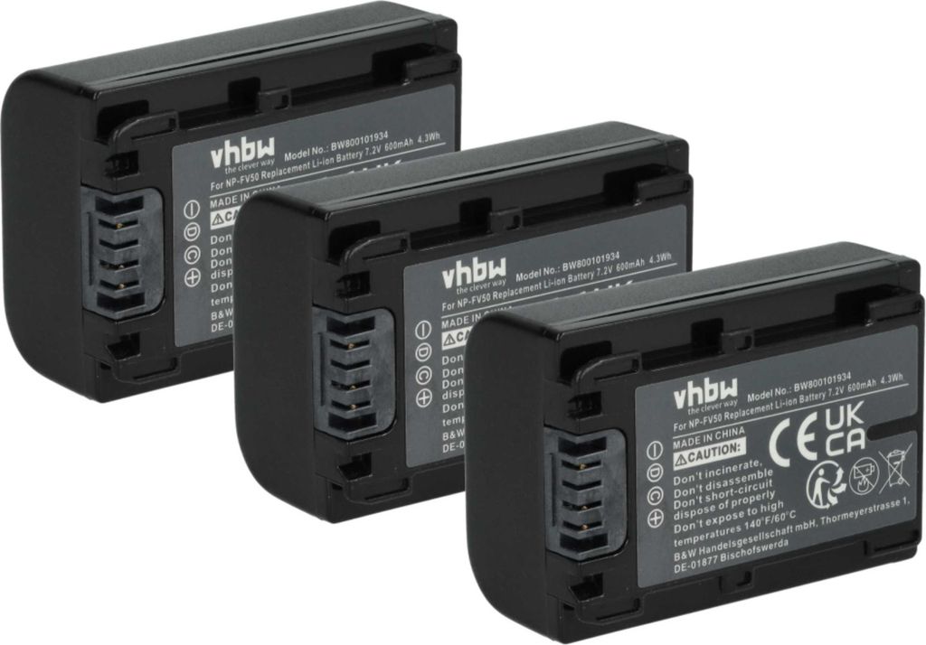 vhbw 3x Akku kompatibel mit Sony Handycam FDR-AX53, FDR-AX700E, FDR-AX700, FDR-AX53E Videokamera Camcorder (600 mAh, 7,2 V, Li-Ion) + Infochip