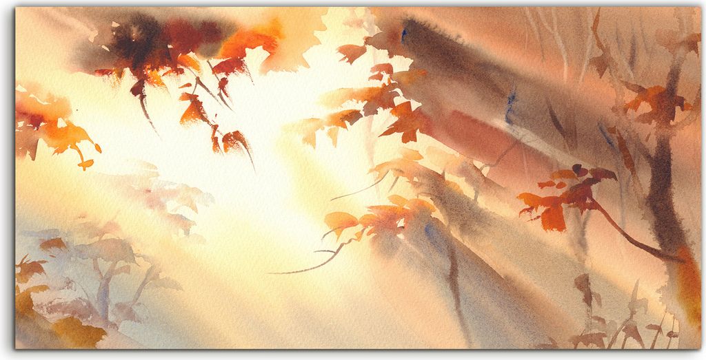 Coloray Glasbild 140x70 Wandbild Glasbilder Sonnenstrahlen im Gold Wald Aquarell