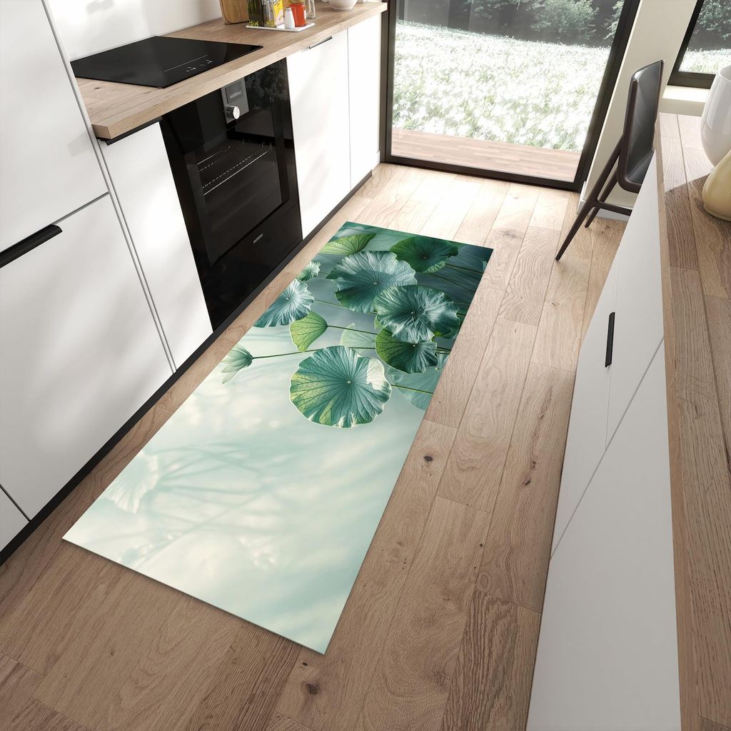 Küchenteppich 80x200cm rutschfest & abwischbar PVC Läufer - Lotusblätter Grün