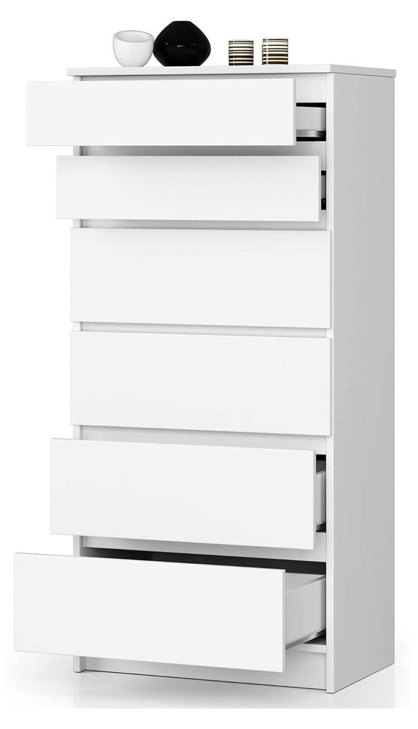 Kommode in Weiß, 60 cm breit, mit 6 Schubladen, geeignet für Schlafzimmer, Wohnzimmer, Flur und Kinderzimmer