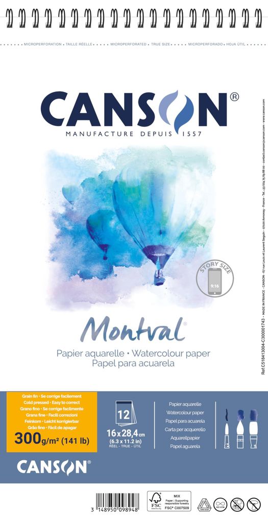 CANSON Zeichenpapierblock "Montval" 160 x 284 mm 300 g/qm 12 Blatt