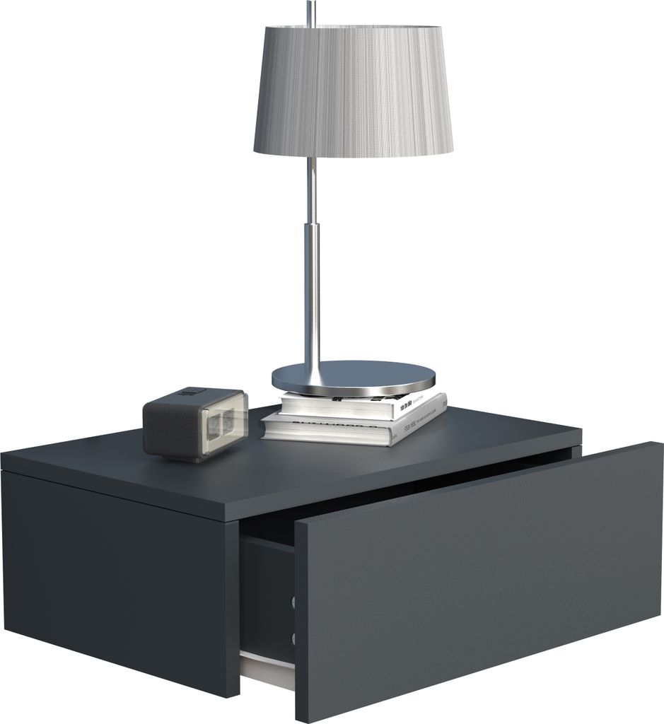 A modern bedside table with a drawer open, a lamp, a clock, and books on top, against a white background.