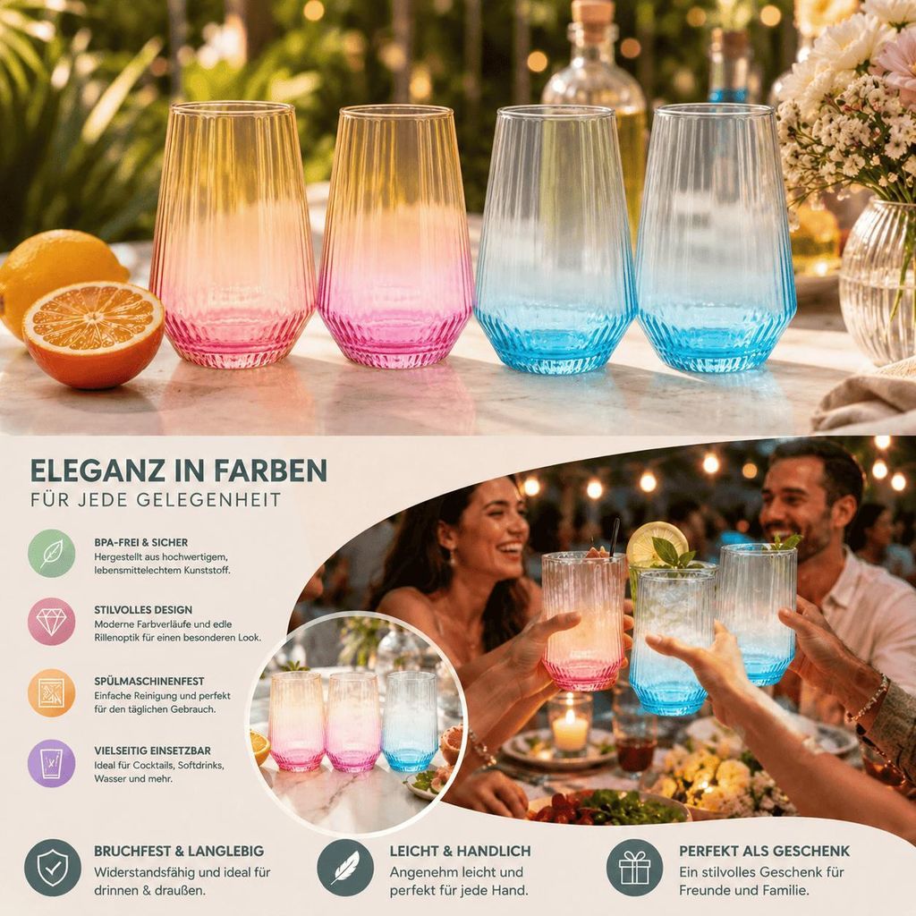 8 Trinkgläser Bunt Gläser Set Wassergläser Wasserglas