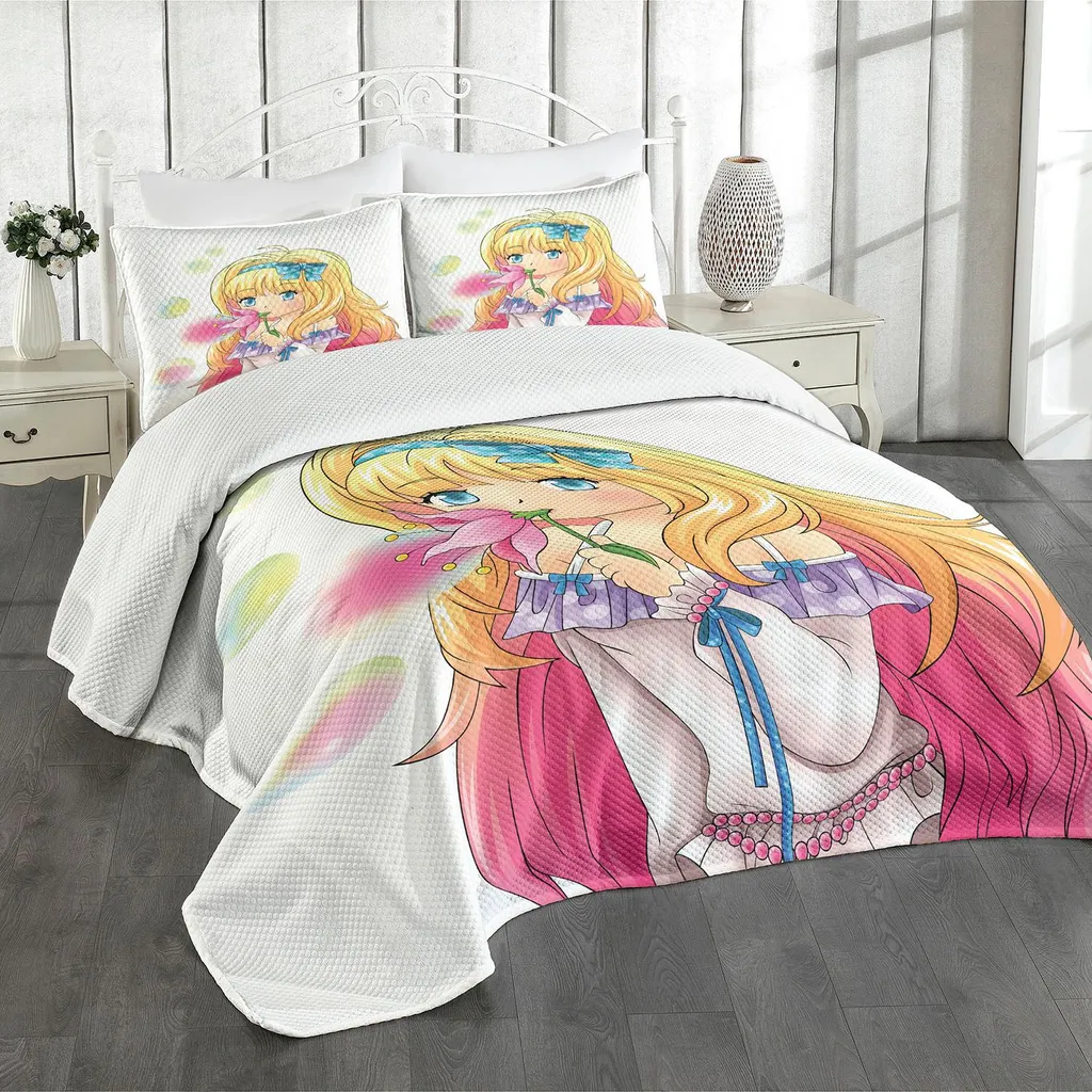 ABAKUHAUS Set copriletto Anime, Ragazza Manga che soffia bolle da un fiore Stampa artistica giapponese cartoon, 264 x 220 cm, Giallo Rosa