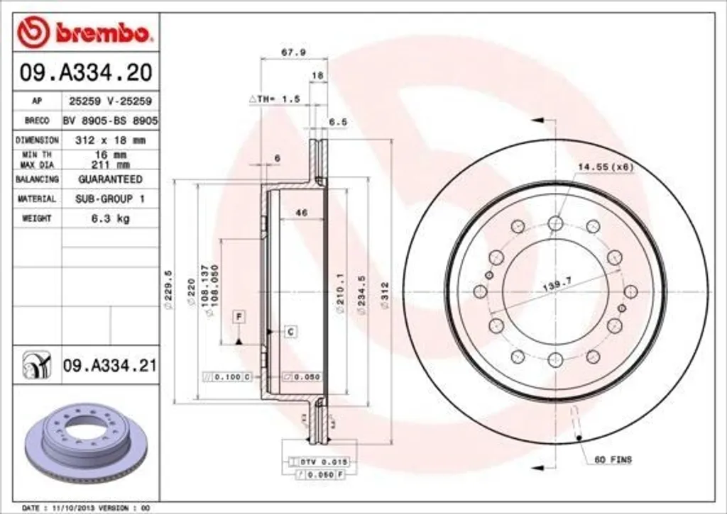 Disque de frein ventilé Brembo 09.A334.21 haute résistance thermique