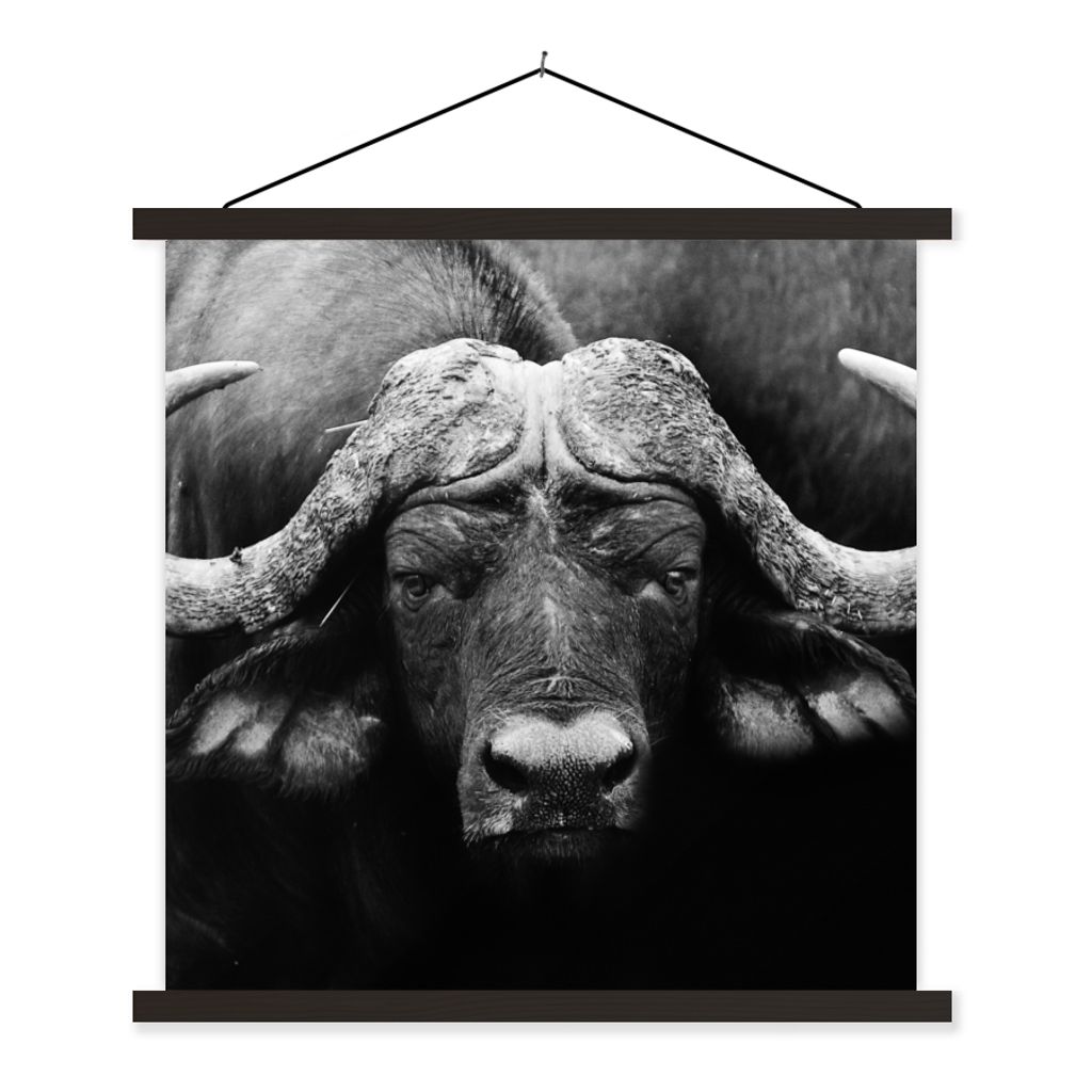 MuchoWow Textilposter Tiere - Büffel - Schwarz - Weiß - Porträt 120x120 cm mit schwarzem Rahmen - Aufhängungsset