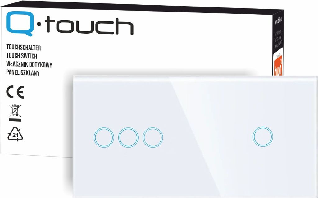 Touchschalter Panel 3+1 Glas weiß Qtouch Wandschalter ohne Modul