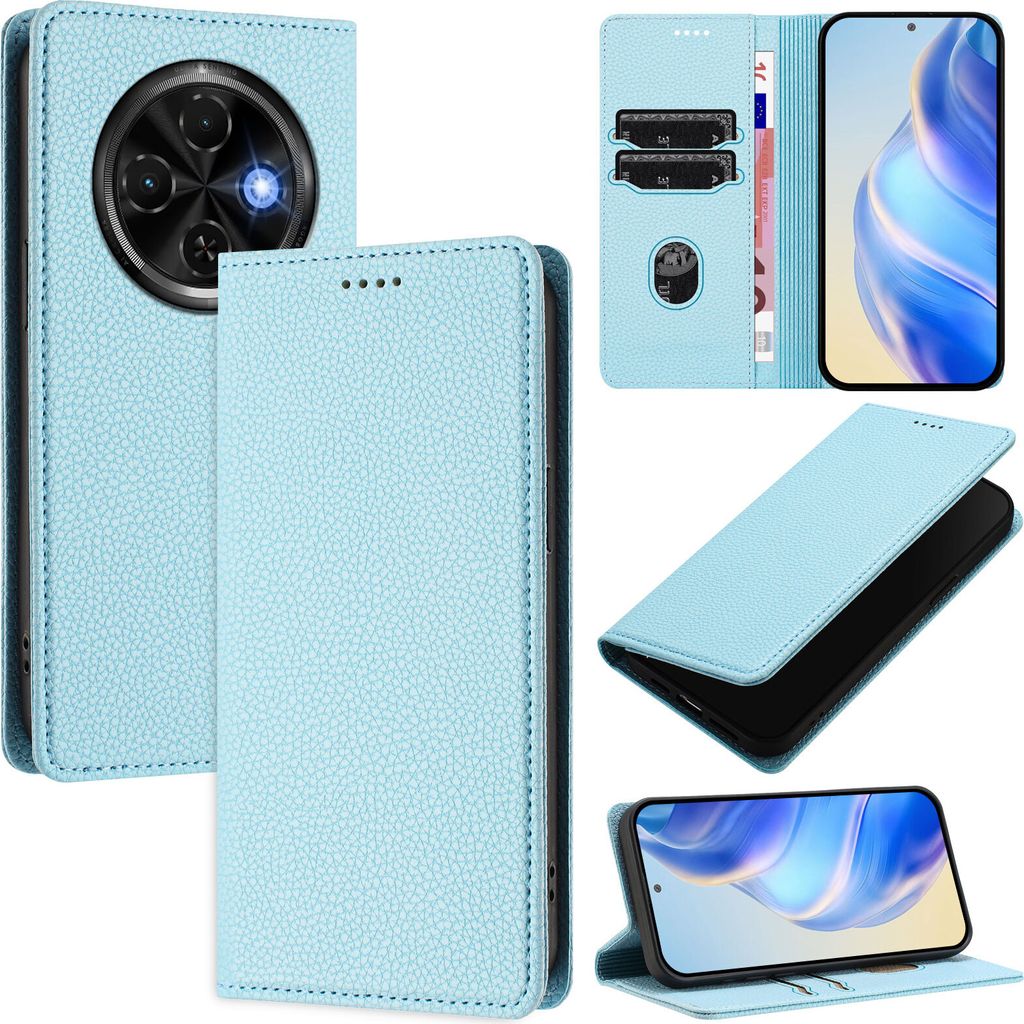 Litchi Leder Handyhülle für Tecno Spark 30C 4G Wallet Kartenfächer Standfunktion Hülle Hellblau