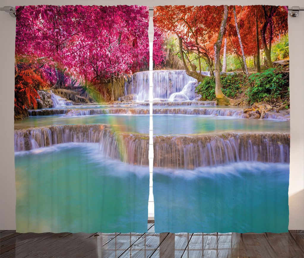 ABAKUHAUS Landschaft Rustikaler Gardine, Vietnam-Regen-Wald, Schlafzimmer Kräuselband Vorhang mit Schlaufen und Haken, 280 x 175 cm, Blau