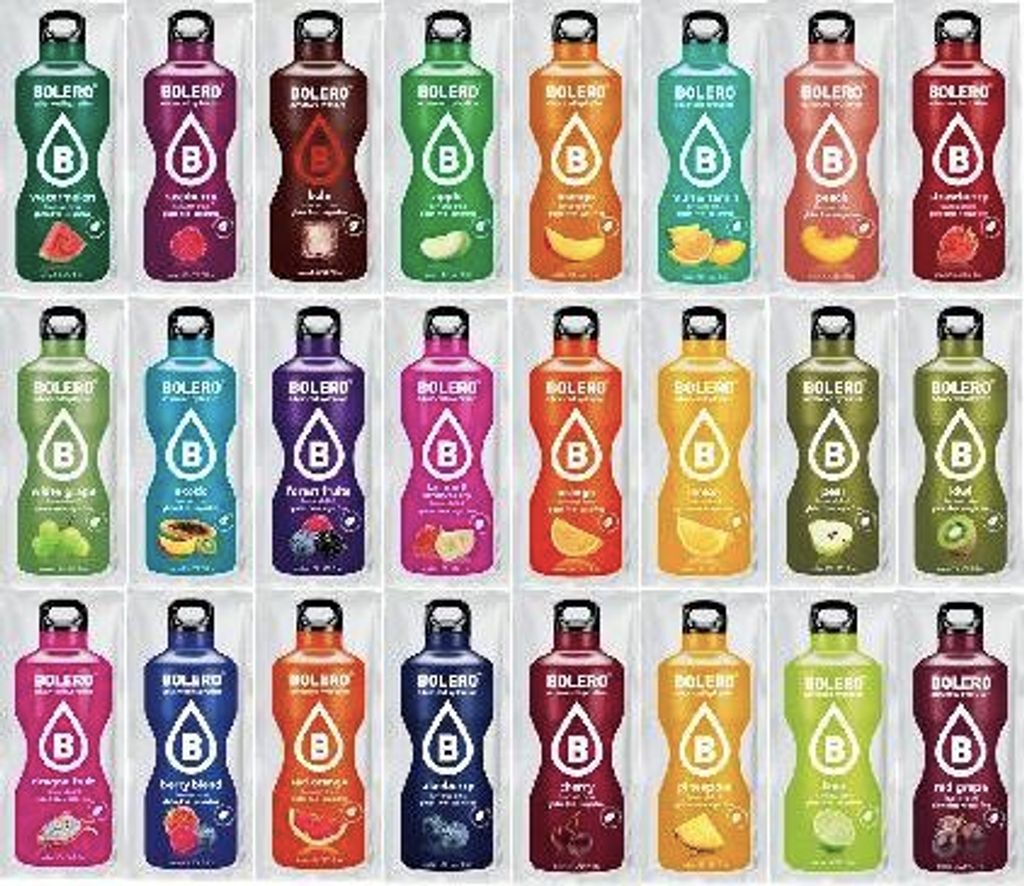 A collage of various Bolero drink powder bottles, each with a different flavor and color.