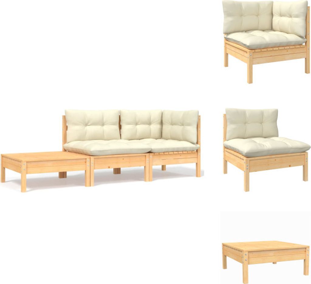 vidaXL 3-tlg. Garten-Lounge-Set mit Kissen in Creme Massivholz Kiefer - Gartensofaelemente