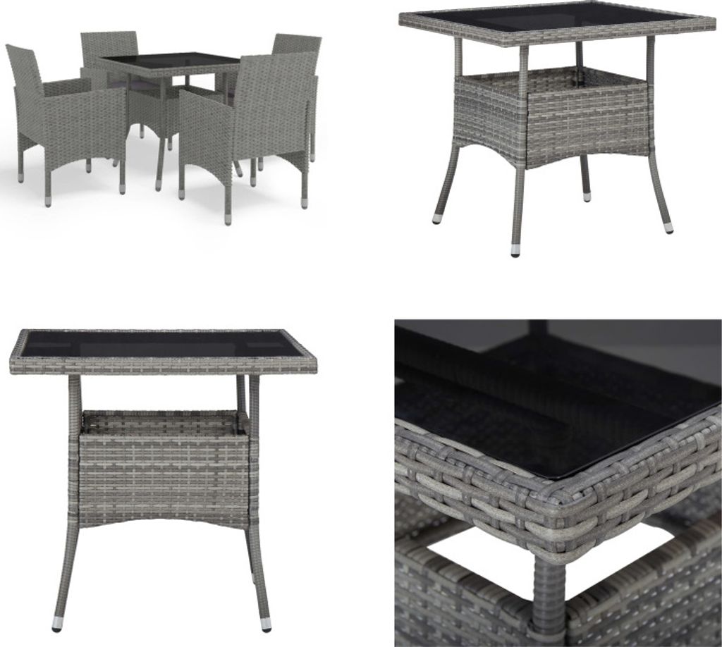 vidaXL 5 tlg. Garten Essgruppe Grau Poly Rattan und Glas - Gartenmöbel Set - Gartenmöbel Sets - Garten Essgruppe - Garten Essgruppen