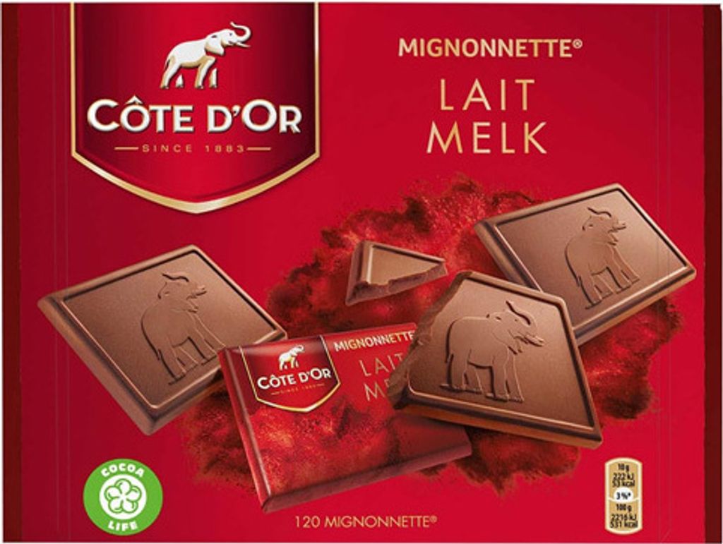 A box of Cote d'Or chocolates with several pieces of chocolate scattered around.