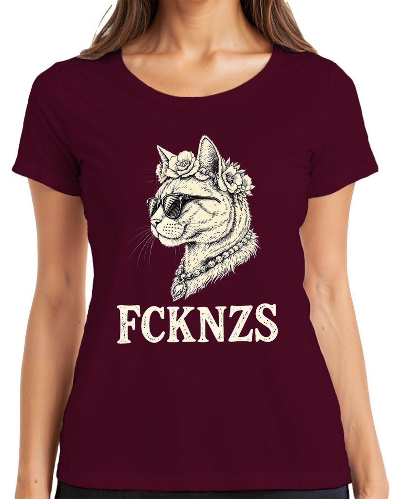 FCKNZS Katze Sonnenbrille Blumenkranz Retro Vintage Geschenk Damen T-Shirt, Burgundy, S