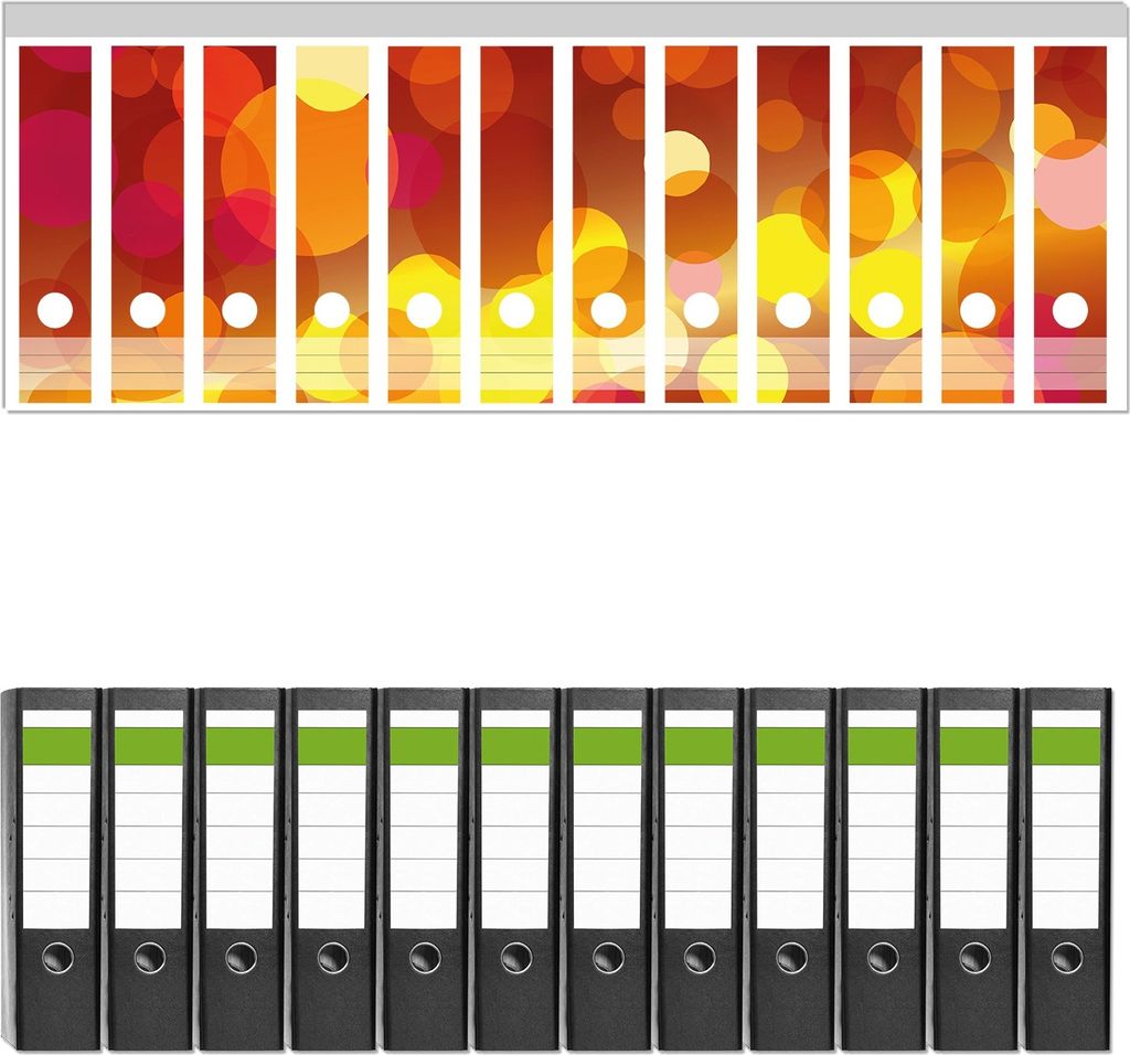 Wallario 12 Stück breite Ordner inkl. Klebeetiketten mit Motive Rote gelbe und orange Kreise - harmonisches Muster - Set mit Rückenschildern / ...