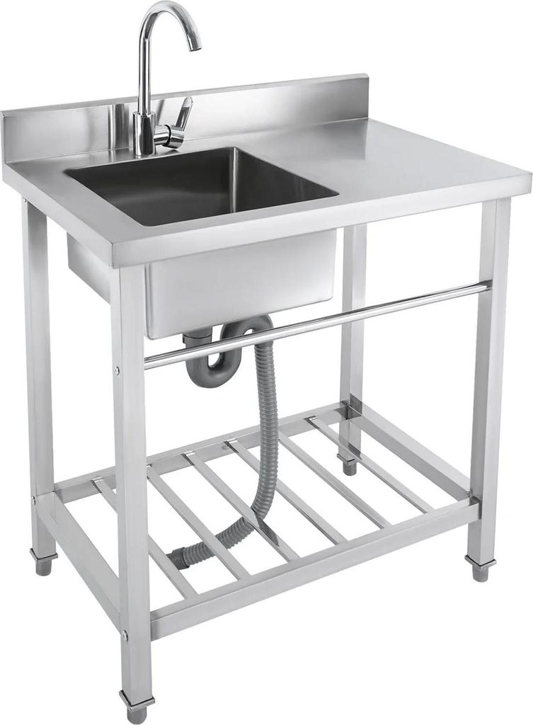 Freistehendes Waschbecken, Mit Wasserhahn, Edelstahlkonstruktion, Umfangreiche Stauraummöglichkeiten, Silber