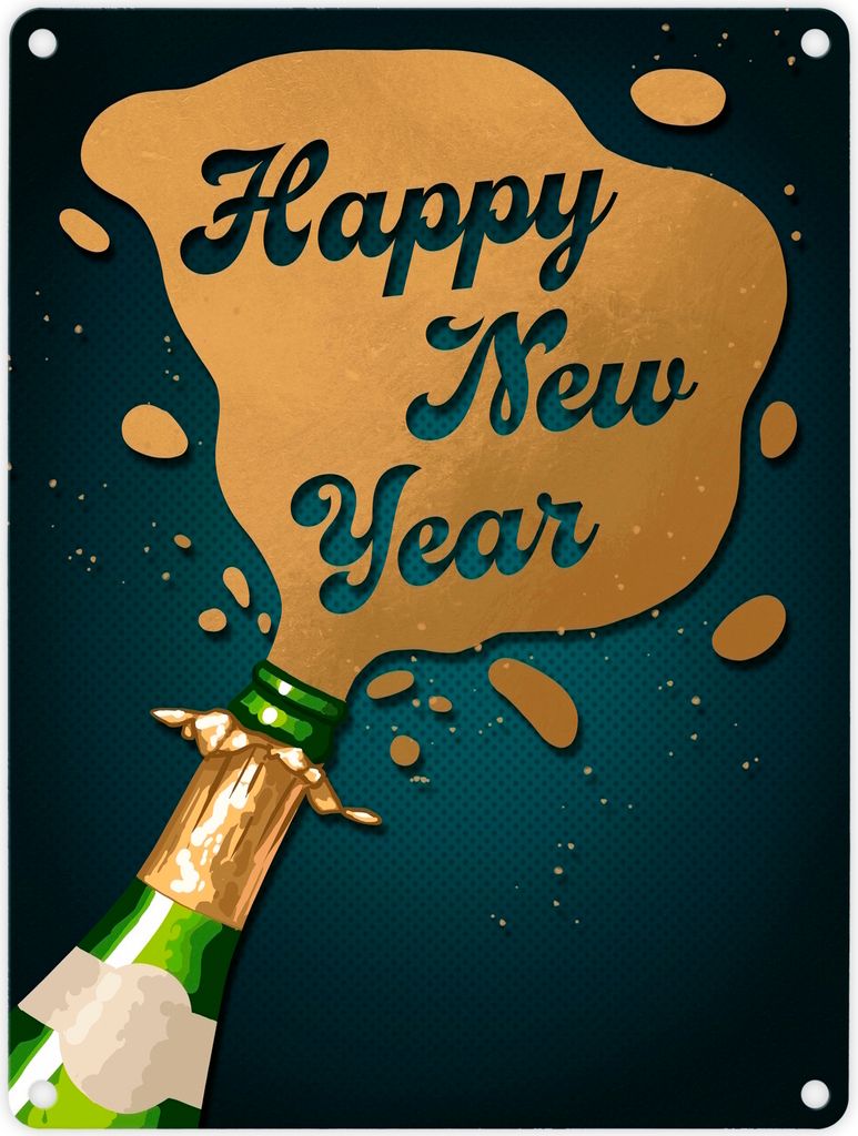 Sektflasche Happy New Year Metallschild in 15x20 cm