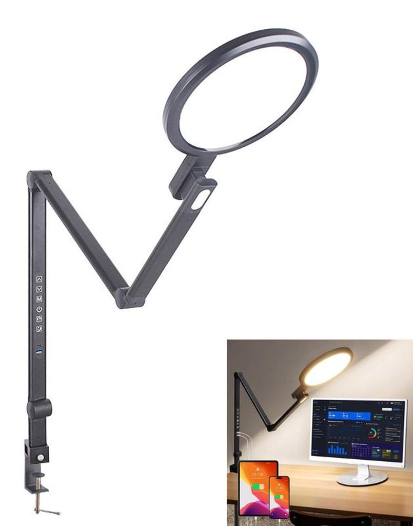 LED Schreibtischlampe mit robuster Klemme – 1200 Lumen, 5 Farbtemperaturen, dimmbar, USB-A und USB-C – ideal für Home Office und Videoanrufe
