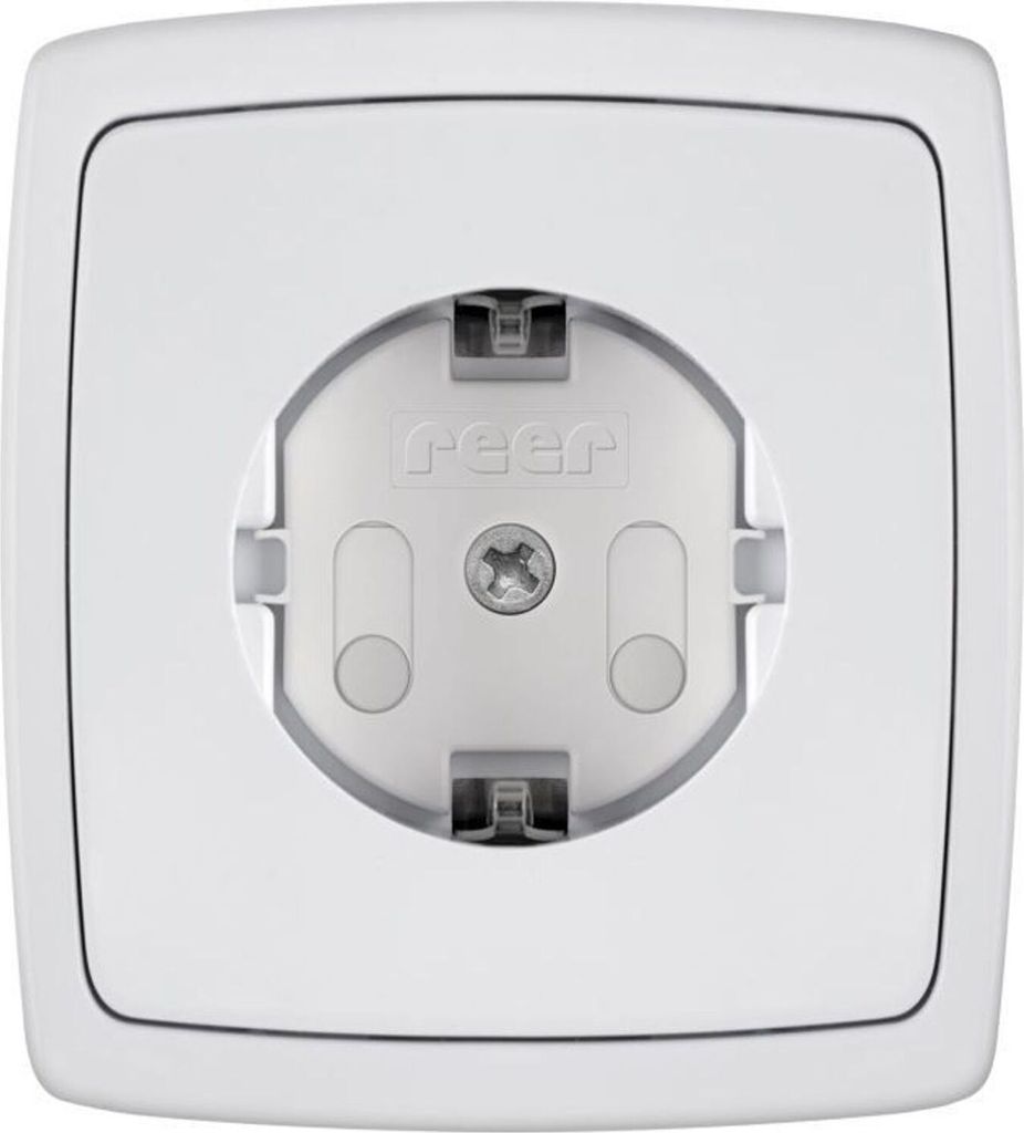 A close-up, front-facing view of a white electrical outlet cover with a child safety plug inserted.