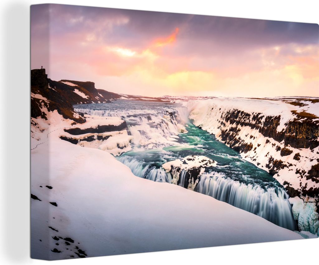 OneMillionCanvasses - Leinwandbilder - 140x90 cm, Eisbildung am Gullfoss-Wasserfall in Island, Wandbilder Kunstdruck Wanddekoration - Foto auf Le...