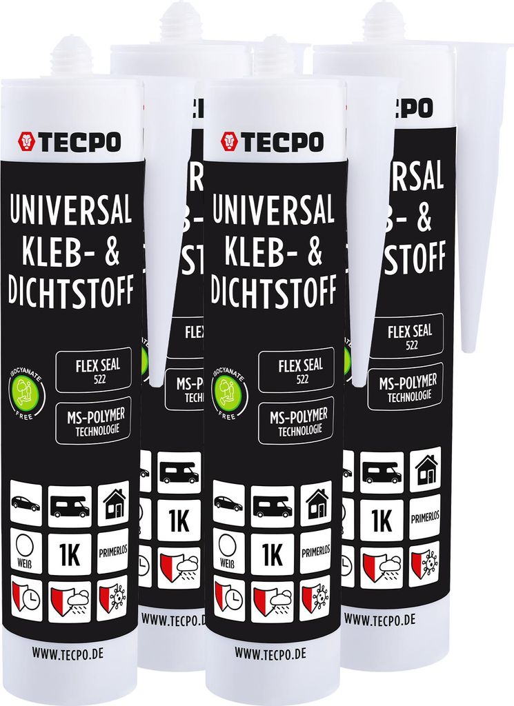 TECPO Universal Kleb- und Dichtstoff MS Polymer, 4x 480g Weiß Flex Seal 522 elastisch, silikonfrei, lösemittelfrei- KFZ Bau Industrie Innen und A...