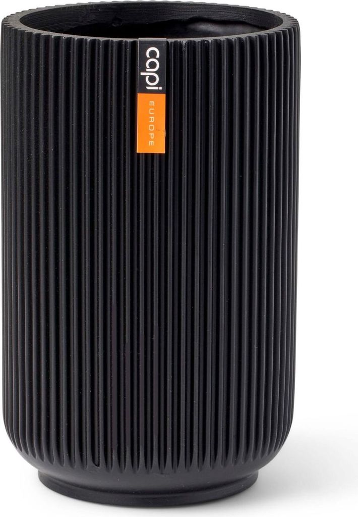 A black ribbed planter pot with an orange label.