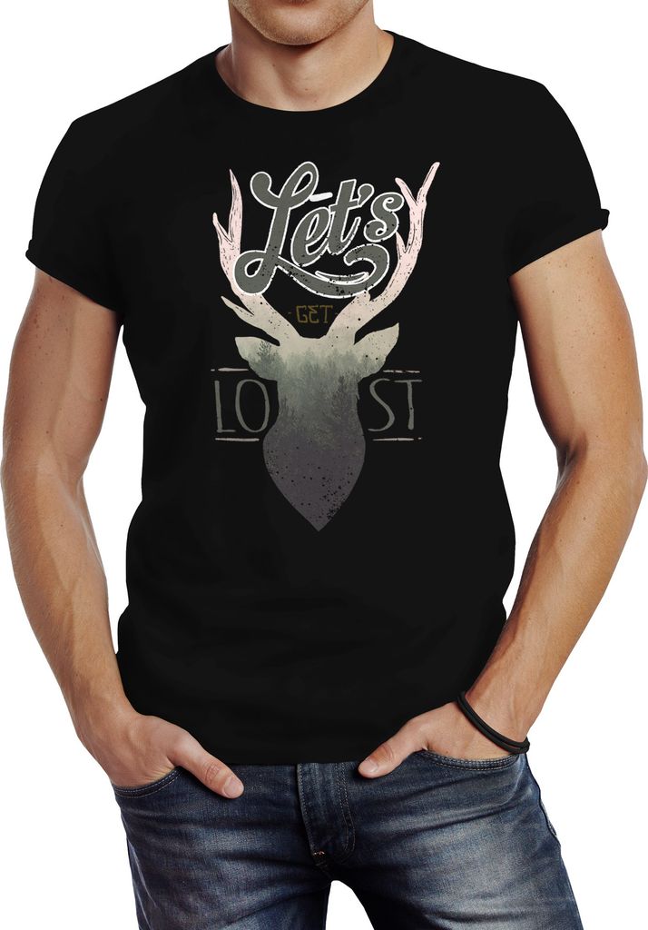 Herren T-Shirt Hirsch Geweih Kopf Deer - Let`s get lost - Adventure Neverless schwarz M