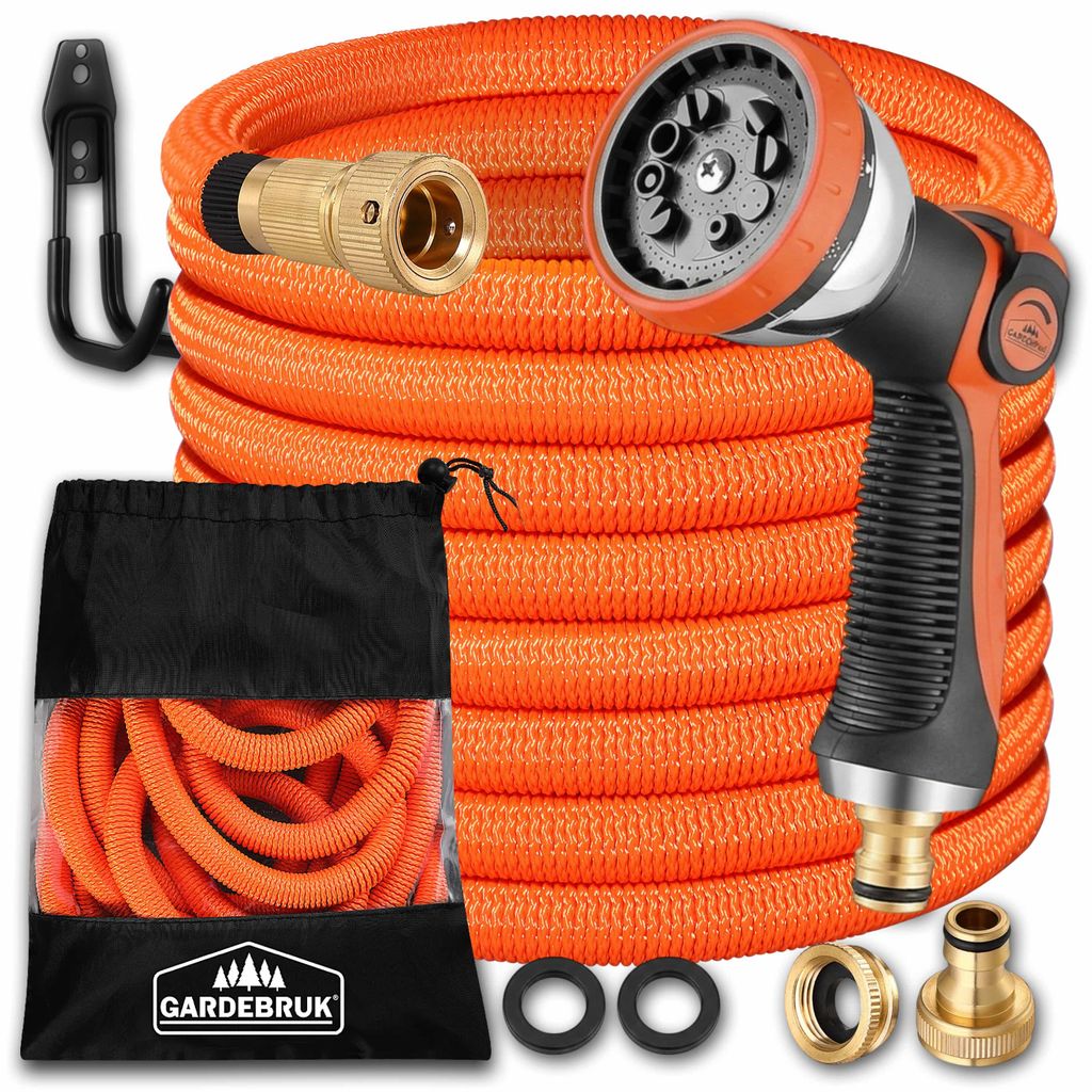 GARDEBRUK Flexibler Gartenschlauch 30m 3fach Latexkern Vollmessing Adapter 1/2" 3/4" Zoll Wandhalterung Tasche Flexschlauch Wasserschlauch Orange