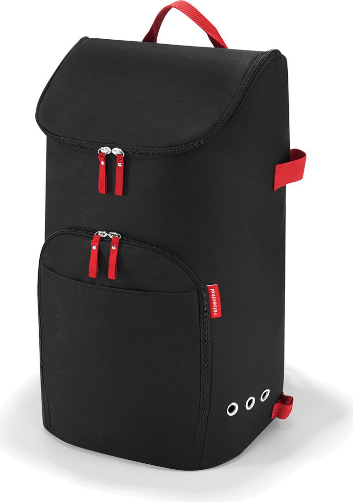 A black backpack with red accents against a white background.